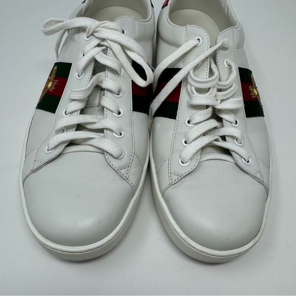 GUCCI Ace Embroidered Gold Bee White Sneakers with Red and Green Stripe - Picture 8 of 12